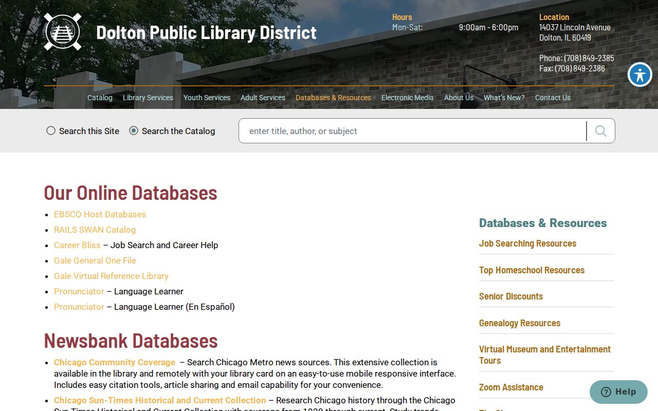 Dolton Public Library database menu used with city directory research