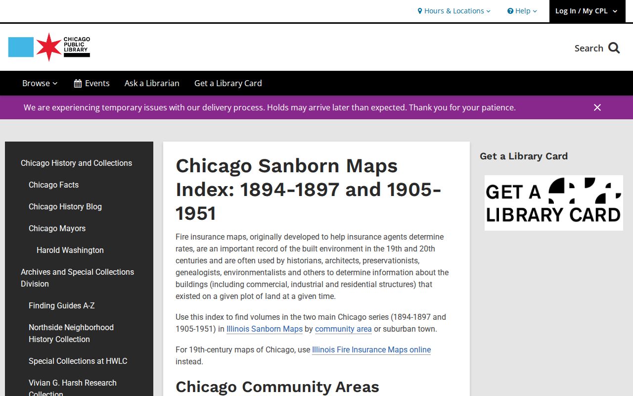 Chicago Public Library Sanborn index showing map years used for Dolton address history
