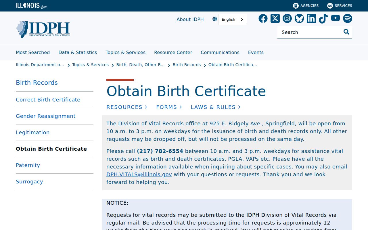 Illinois birth record access page for eligible Dolton family research